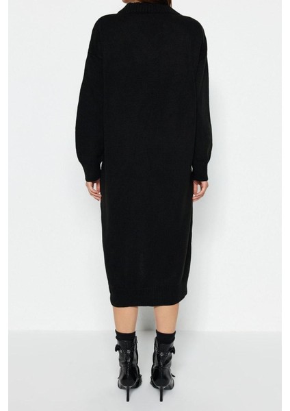 Moda Oversize Casual Günlük Selanik Triko V Yaka Uzun Kol Shift Maxi Boy Elbise