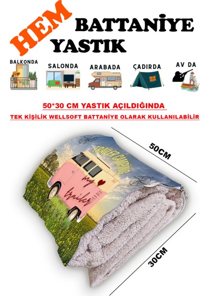 Karavan Camping-2 Baskılı Tv Battaniyeli Opsiyonel Dekoratif Hediye Yastık Battaniye 2in1 Gifts-2