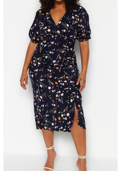 Moda Rahat Casual Günlük Shally Dokuma Kruvaze Kısa Kol A-Line Midi Boy Büyük Beden Elbise fiyatları