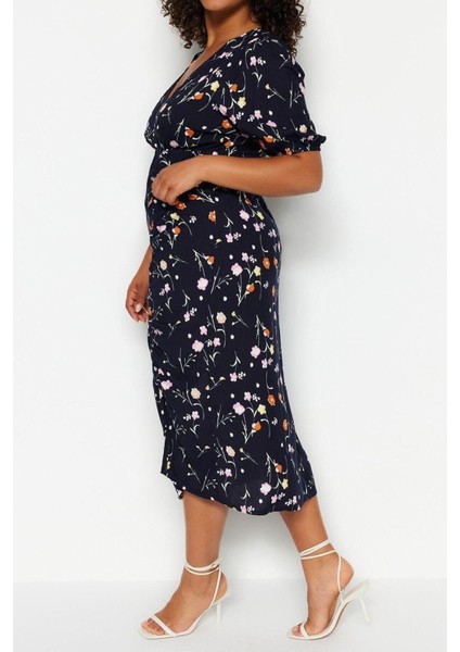 Moda Rahat Casual Günlük Shally Dokuma Kruvaze Kısa Kol A-Line Midi Boy Büyük Beden Elbise modelleri