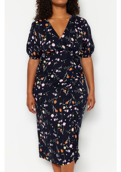 Moda Rahat Casual Günlük Shally Dokuma Kruvaze Kısa Kol A-Line Midi Boy Büyük Beden Elbise fırsatları