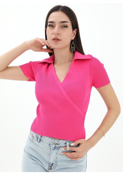 Kruvaze Polo Yaka Triko Kazak - Fuşya
