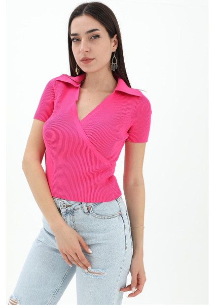 Kruvaze Polo Yaka Triko Kazak - Fuşya fiyatları