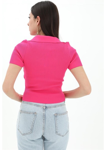 Kruvaze Polo Yaka Triko Kazak - Fuşya modelleri