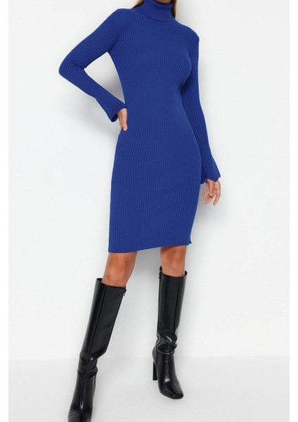 Moda Slim Casual Günlük Fitilli Triko Balıkçı Yaka Uzun Kol Bodycone Mini Boy Elbise
