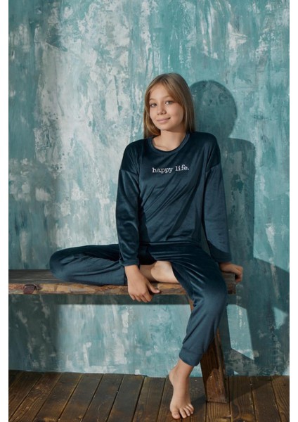 Kız Çocuk Uzun Kol Kadife Petrol Pijama Takım C2T0N9O31-11