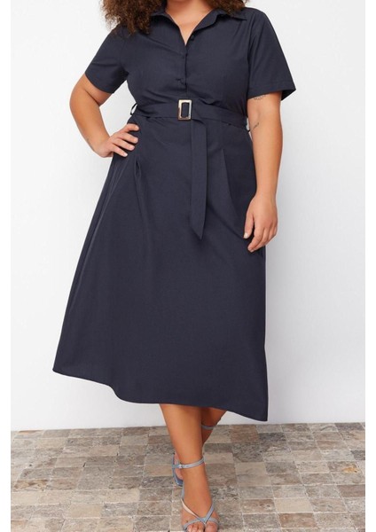 Moda Fit Casual Günlük Poplin Dokuma Gömlek Yaka Kısa Kol Gömlek Elbise Midi Boy Büyük Beden Elbise modelleri