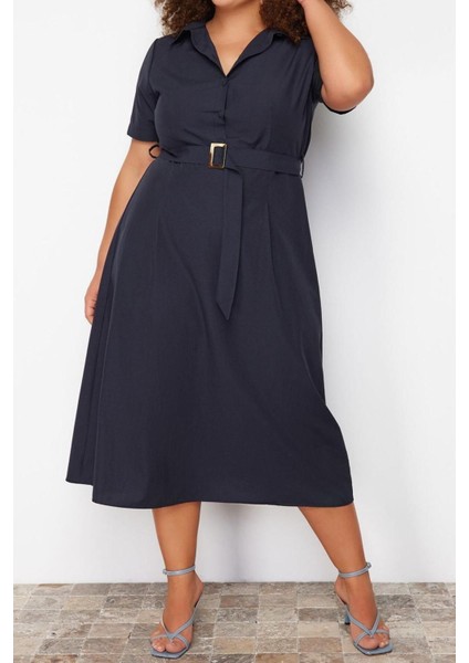 Moda Fit Casual Günlük Poplin Dokuma Gömlek Yaka Kısa Kol Gömlek Elbise Midi Boy Büyük Beden Elbise fırsatları