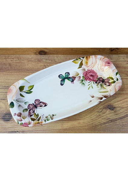 Seramik Çiçekli Kayık Tabak Dekoratif Sunum Tabağı 36 cm