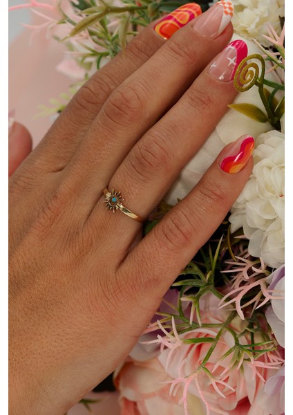 14 Ayar Altın Mavi Taşlı Güneş Yüzük