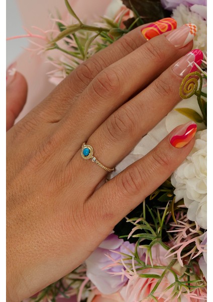 14 Ayar Altın Mavi Boncuk Günlük Yüzük