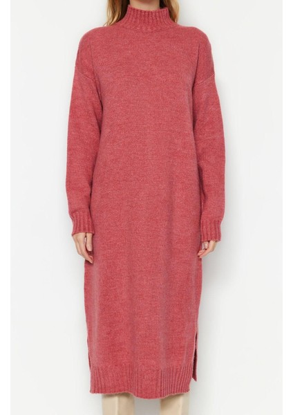 Moda Oversize Casual Günlük Tek Plaka Triko Dik Yaka Uzun Kol Shift Midi Boy Elbise