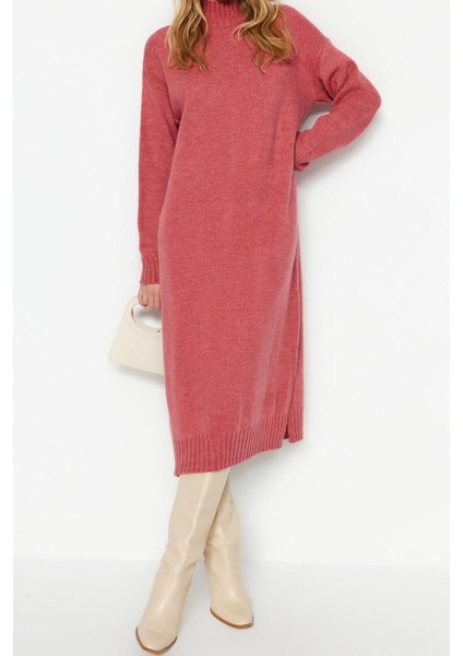 Moda Oversize Casual Günlük Tek Plaka Triko Dik Yaka Uzun Kol Shift Midi Boy Elbise