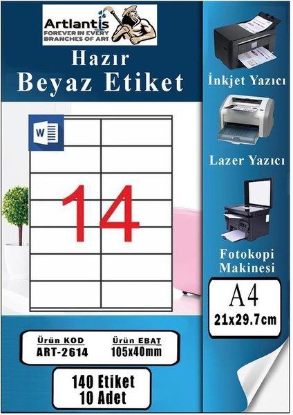 A4 Hazır Etiket 105X40 mm 10 Sayfa 1 Paket 14 Lü Kendinden Yapışkanlı Fotokopi Lazer Inkjet Kağıdı Yazıcılar Için Uyumlu