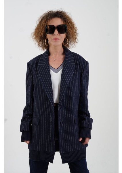 Lacivert Triko Detaylı Oversize Blazer Ceket modelleri