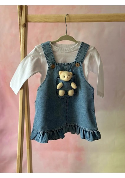 Ayıcıklı Denim Bebek Elbise 2'li Takım