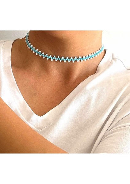 Roe Takı Aksesuar Mavi Beyaz Choker Kum Boncuk Zigzag Kolye