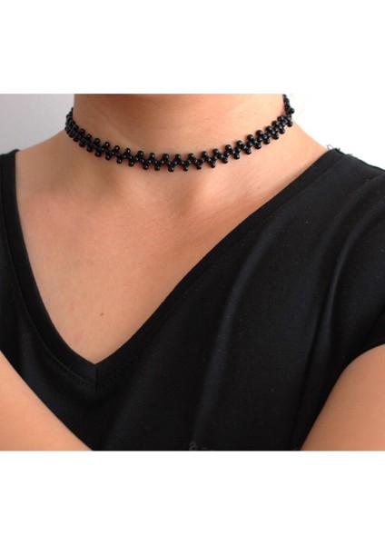 Roe Takı Aksesuar Siyah Choker Kum Boncuk Zigzag Kolye