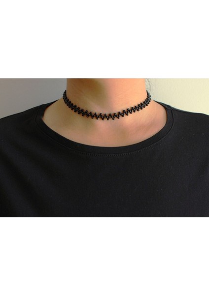 Roe Takı Aksesuar Siyah Choker Kum Boncuk Zigzag Kolye