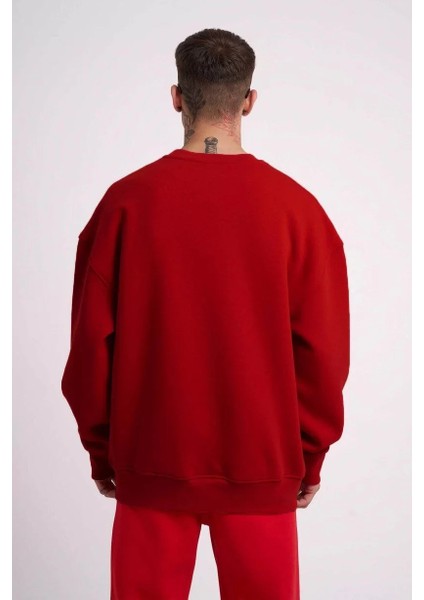 Unisex Biskilet Yaka Üç Iplik Sweatshirt - Kırmızı fiyatları