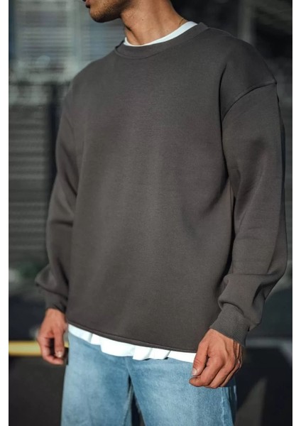 Kışlık Bisiklet Yaka Üç Iplik Basic Sweatshirt - Antrasit