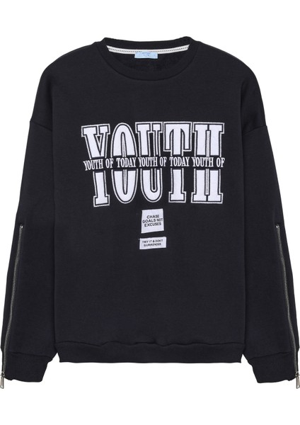 Kolu Fermuarlı Yazı Baskılı Oversize Sweatshirt Lacivert