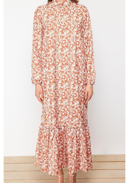 Regular Casual Günlük Queen Crep Dokuma Dik Yaka Uzun Kol A-Line Maxi Boy Tesettür Elbise