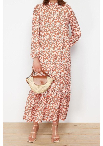 Regular Casual Günlük Queen Crep Dokuma Dik Yaka Uzun Kol A-Line Maxi Boy Tesettür Elbise