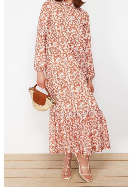 Regular Casual Günlük Queen Crep Dokuma Dik Yaka Uzun Kol A-Line Maxi Boy Tesettür Elbise