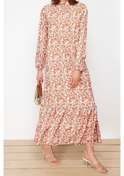 Regular Casual Günlük Queen Crep Dokuma Dik Yaka Uzun Kol A-Line Maxi Boy Tesettür Elbise