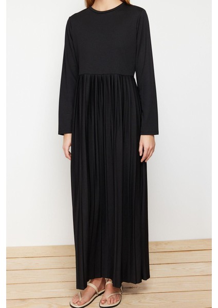 Moda Regular Casual Günlük Scuba Krep Örme Bisiklet Yaka Uzun Kol Basic Maxi Boy Elbise