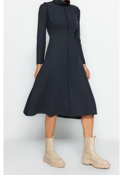 Regular Casual Günlük Selanik Örme Dik Yaka Uzun Kol A-Line Midi Boy Elbise modelleri