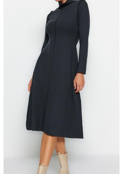 Regular Casual Günlük Selanik Örme Dik Yaka Uzun Kol A-Line Midi Boy Elbise fırsatları