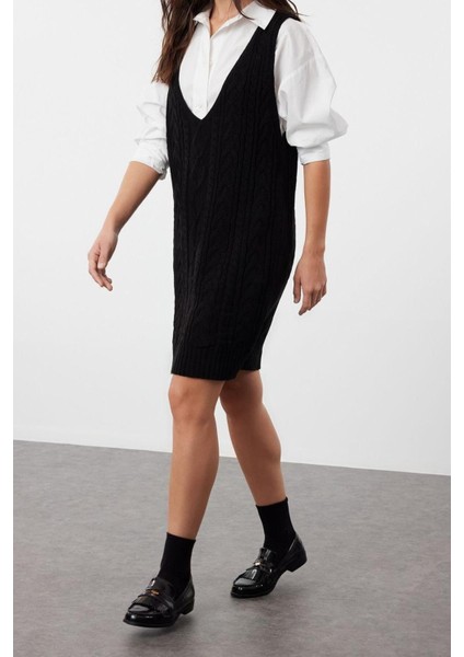 Moda Regular Casual Günlük Çift Plaka Triko V Yaka Askılı Kol Jile Mini Boy Elbise