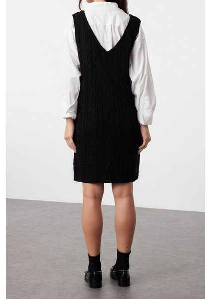 Moda Regular Casual Günlük Çift Plaka Triko V Yaka Askılı Kol Jile Mini Boy Elbise
