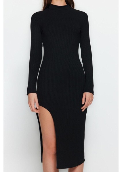Slim Casual Günlük Poliviskon Kaşkorse Örme Dik Yaka Uzun Kol Bodycone Midi Boy Elbise