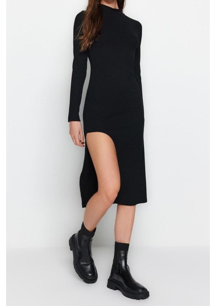 Slim Casual Günlük Poliviskon Kaşkorse Örme Dik Yaka Uzun Kol Bodycone Midi Boy Elbise fiyatları