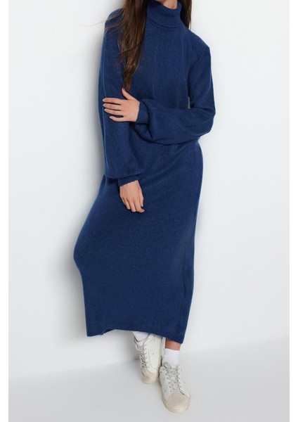 Moda Regular Casual Günlük Tek Plaka Triko Balıkçı Yaka Uzun Kol Shift Midi Boy Elbise modelleri
