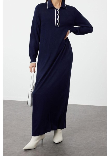 Moda Rahat Casual Günlük Tek Plaka Triko Bisiklet Yaka Uzun Kol Shift Maxi Boy Tesettür Elbise