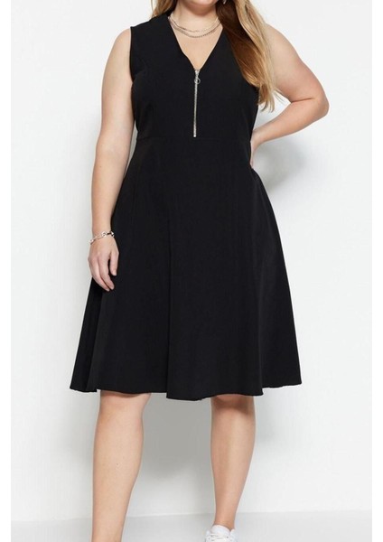 Moda Rahat Casual Günlük Terrycotton Dokuma V Yaka Askılı Kol Skater Midi Boy Büyük Beden Elbise fiyatları