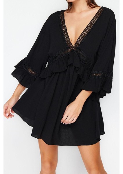 Moda Regular Plaj Günlük Crinkle Dokuma V Yaka Truvakar Kol Kol Basic Mini Elbise