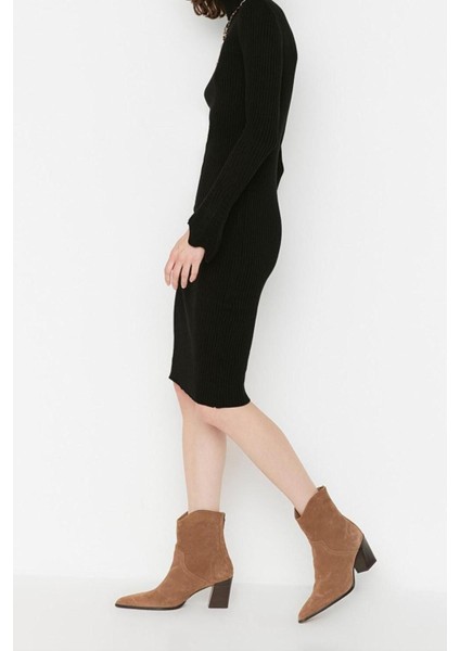 Slim Casual Günlük Fitilli Triko Balıkçı Yaka Uzun Kol Bodycone Mini Boy Elbise fırsatları