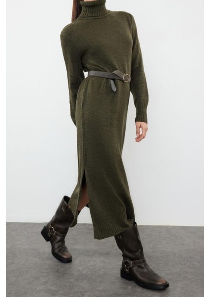 Moda Oversize Casual Günlük Dolu Iğne Triko Balıkçı Yaka Uzun Kol Shift Midi Boy Elbise fiyatları