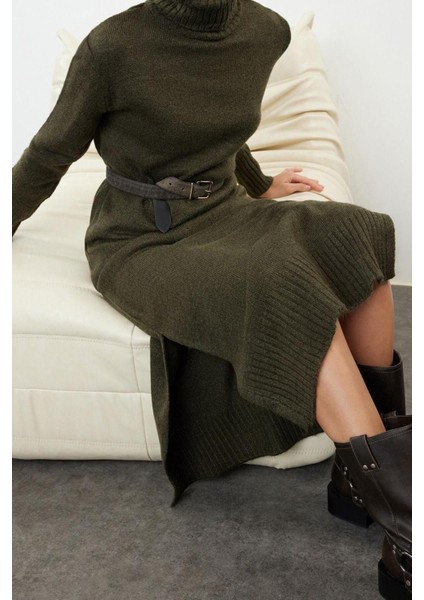 Moda Oversize Casual Günlük Dolu Iğne Triko Balıkçı Yaka Uzun Kol Shift Midi Boy Elbise modelleri