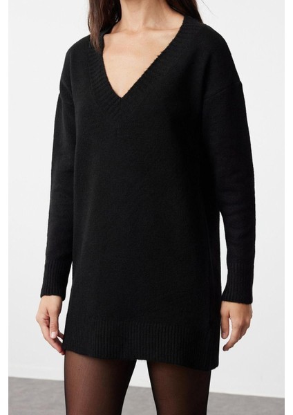 Oversize Casual Günlük Dolu Iğne Triko V Yaka Uzun Kol Kazak Elbise Mini Boy Elbise