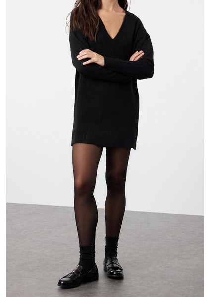 Oversize Casual Günlük Dolu Iğne Triko V Yaka Uzun Kol Kazak Elbise Mini Boy Elbise