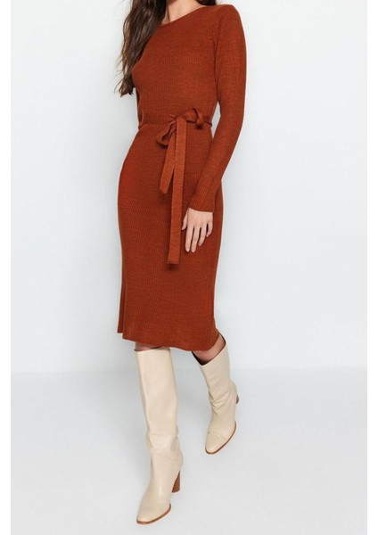 Slim Casual Günlük Fitilli Triko Bisiklet Yaka Uzun Kol A-Line Midi Boy Elbise