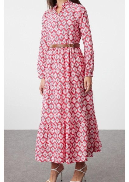 Regular Casual Günlük Lilyum Dokuma Gömlek Yaka Uzun Kol A-Line Maxi Boy Tesettür Elbise