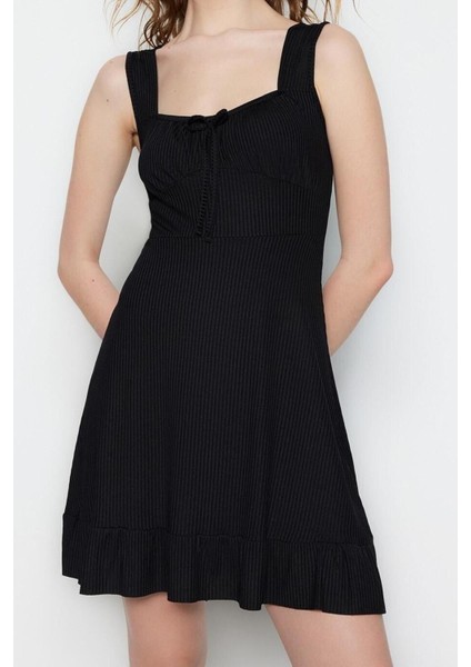 Regular Casual Günlük Polyester Kaşkorse Örme Kare Yaka Kolsuz Kol A-Line Mini Boy Elbise