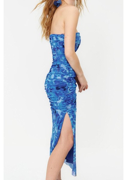 Moda Fit Mezuniyet Balo Tül Örme Carmen Yaka Tek Kol Kol Bodycone Midi Boy Elbise